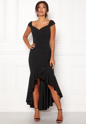 Se Goddiva Wrap Front Frill Dress Black S (UK10) ved Bubbleroom