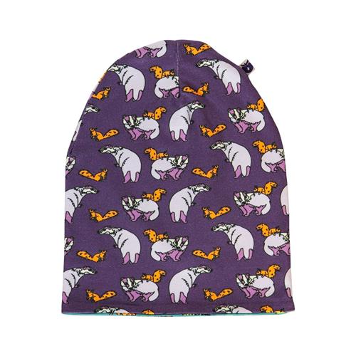 Småfolk Reversible beanie with badger, fox and Fall leaves  Loganberry | Lilla | 48/50 cm