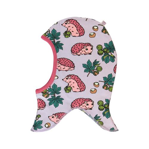 Se Småfolk Reversible balaclava with hedgehogs and Fall leaves  Orchid Petal | Lilla | 48/50 cm ved Babyshop