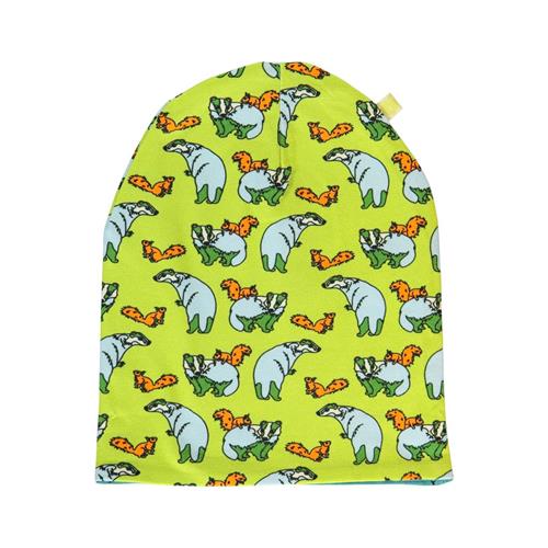 Småfolk Reversible beanie with badger, fox and Fall leaves  Pear Green | Grønn | 52/53 cm