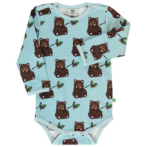 Se Småfolk Long-sleeved baby body with bear cub  Stratosphere | Blå | 68 cm ved Babyshop