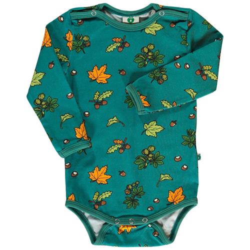 Se Småfolk Long-sleeved baby body with Fall leaves  Petroleum Green | Grønn | 62 cm ved Babyshop