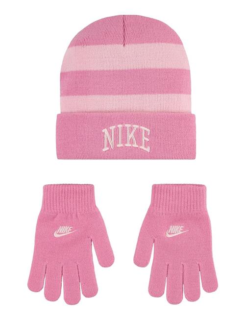 Nike Chunky Stripe Beanie And Gloves Set Nike Pink