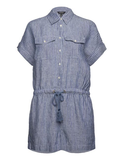 Se Lauren Ralph Lauren Pinstripe Linen Short-Sleeve Romper Lauren Ralph Lauren Blue ved Booztlet