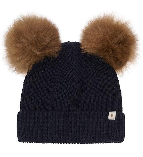 Se Huttelihut Hue - Uld/Bomuld - Strik - Dark Navy m. Kvaster ved KidsWorld