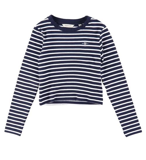 Se GANT Gant Bluse - Cropped - Rib - Evening Blue/Hvidstribet ved KidsWorld