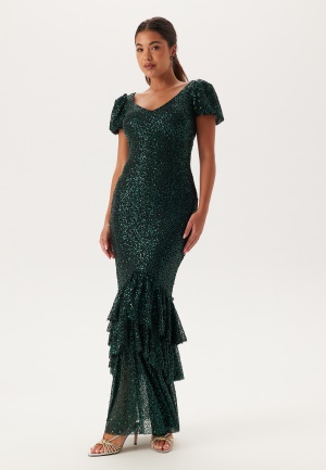 Se Goddiva Sequin Tiered Hem Maxi Dress Dark Green M (UK12) ved Bubbleroom