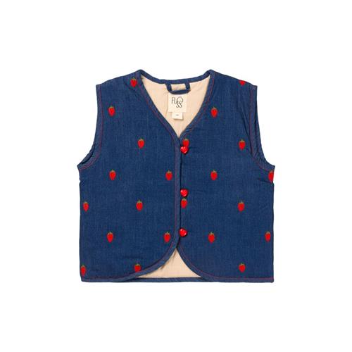 Se Flöss Colette Broderet Vest Berry Denim | Blå | 116 cm ved Babyshop