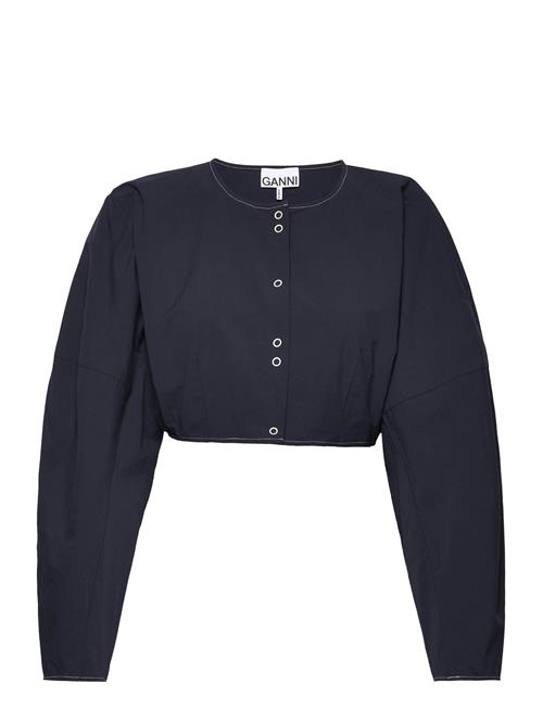 Ganni Cotton Crepe Shaped Sleeve Cropped Blouse Ganni Navy