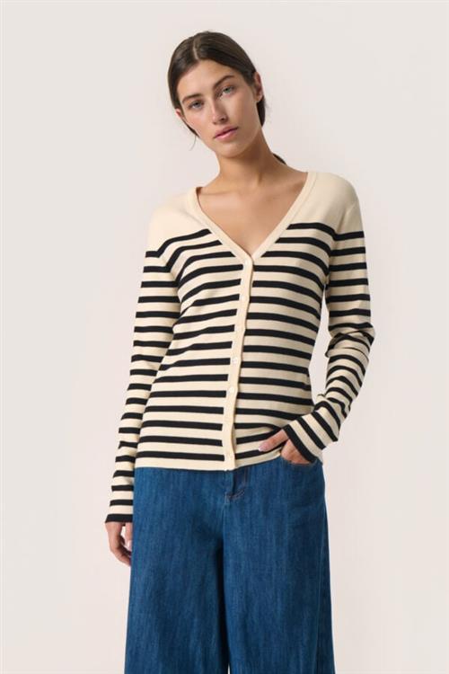 Se Soaked in Luxury Slpina Vneck Cardigan Kvinde White With Black Stripe Cardigans Slim Fit Str XS - hos Magasin ved Magasin