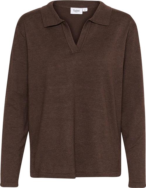 Se Saint Tropez Milasz Polo Pullover Kvinde Dark Oak Melange Sweaters Str XL - hos Magasin ved Magasin