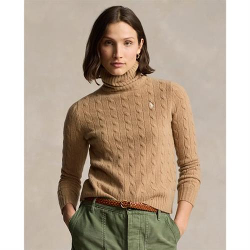 Polo Ralph Lauren Woolcashmere Cable Turtleneck Sweater Kvinde Collection Camel Melange Rullekraver Str XL - Uld hos Magasin