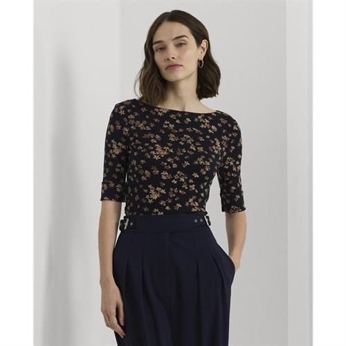 Se Lauren Ralph Lauren Floral Cotton Boatneck Tee Kvinde Navy Kortærmede T-shirts Str M - Bomuld hos Magasin ved Magasin