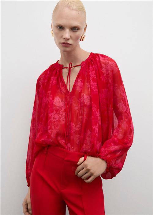 MANGO Semitransparent Floral Print Blouse Kvinde Red Langærmede Bluser Str L - hos Magasin