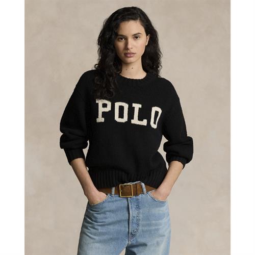 Polo Ralph Lauren Logo Crewneck Sweater Kvinde Polo Black/cream Sweaters Str L - Bomuld hos Magasin