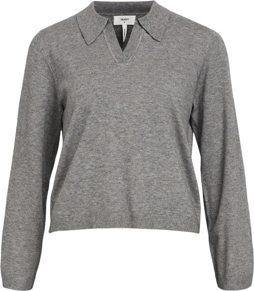 Object Objthess L/S Vneck Knit Polo Noos Kvinde Medium Grey Melange Sweaters Str L - hos Magasin