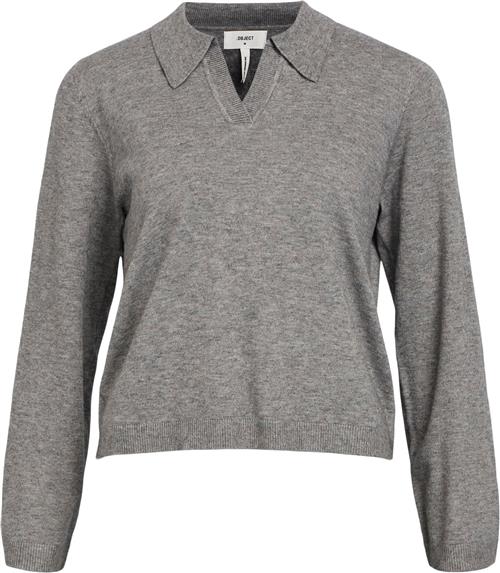 Object Objthess L/S Vneck Knit Polo Noos Kvinde Medium Grey Melange Sweaters Str XL - hos Magasin