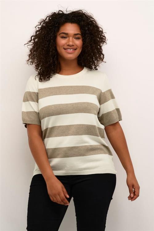 Kaffe Curve Kcmalia Wide Stripe Knit Kvinde Chinchilla M/turtle.Boldstripe Kortærmet Strik Str L - hos Magasin