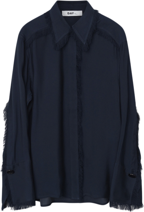 DAY Birger et Mikkelsen Havanna Sheer Fringes Kvinde Dark Sapphire Langærmede Bluser Str 38 - hos Magasin