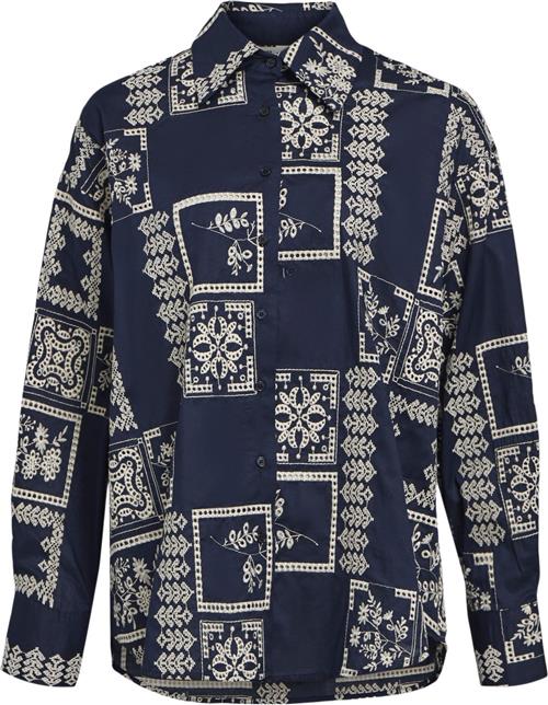 Object Objdicte L/S LO Shirt CC1 AW Kvinde Sky Captain/white Sand Embroidery Langærmede Skjorter Str 38 - hos Magasin