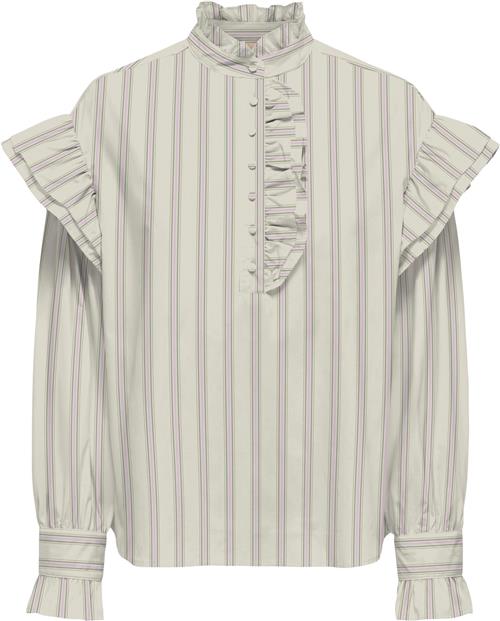 ONLY Onlmalou LS Frill Stripe TOP WVN CS Kvinde Bone White/pink Lady + Hedge Green Toppe Regular Fit Str XS - hos Magasin