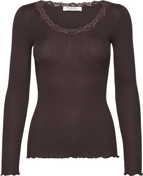 Rosemunde Silk Tshirt w/ Lace Kvinde Dark Espresso Kortærmede T-shirts Str XL - hos Magasin