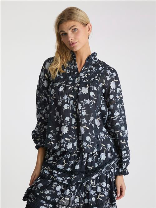 Neo Noir Lyla Night Flower Blouse Kvinde Navy Langærmede Bluser Str 38 - hos Magasin