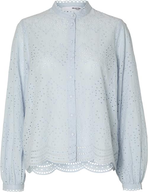 Se Selected Femme Slftatiana L/S Embr Shirt Noos Kvinde Blå Langærmede Skjorter Regular Fit Str 38 - hos Magasin ved Magasin