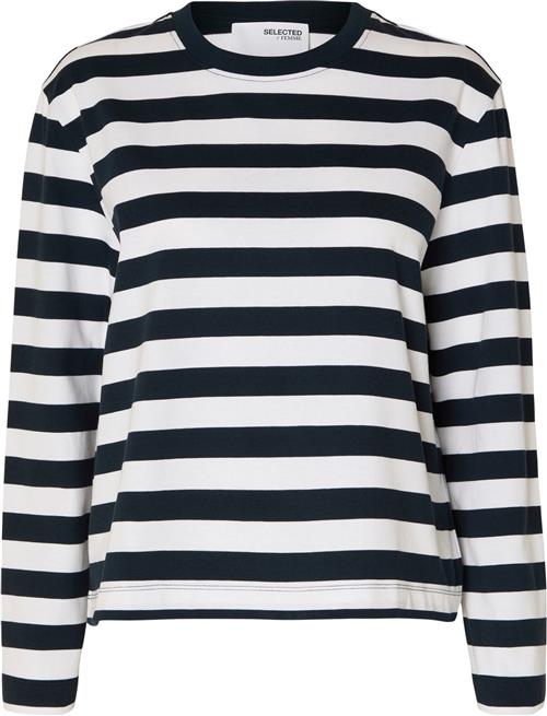 Selected Femme Slfessential LS Striped Boxy TEE NO Kvinde Dark Sapphire/bright White - Wide Langærmede T-shirts Str S - hos Magasin