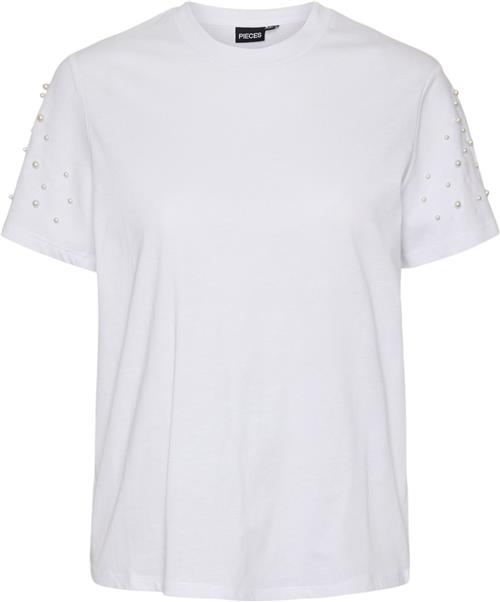 Pieces Pcrine SS Printed Tshirt BC Kvinde Bright White/pearl On Sleeve Kortærmede T-shirts Regular Fit Str S - Bomuld hos Magasin