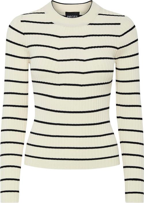 Se Pieces Pccrista LS Oneck Knit Noos BC Kvinde Birch/black Narrow Sweaters Str XS - hos Magasin ved Magasin