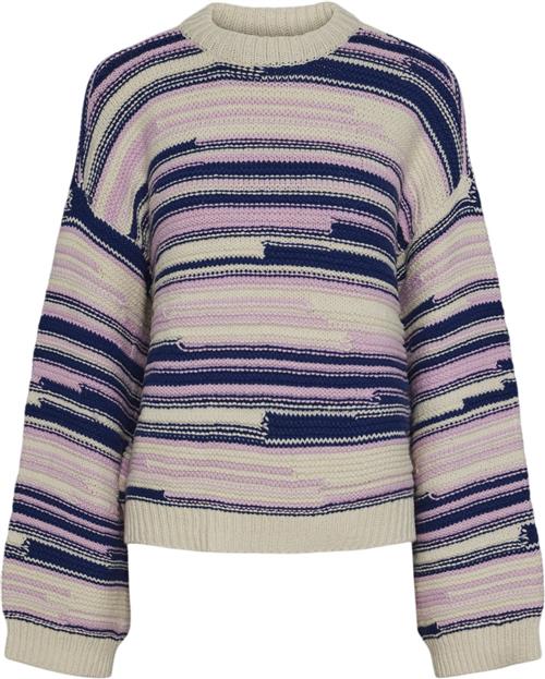 Se Pieces Pcnusa LS Oneck Knit BC Kvinde Birch/bellwether Blue + Pink Lavend Sweaters Str M - hos Magasin ved Magasin