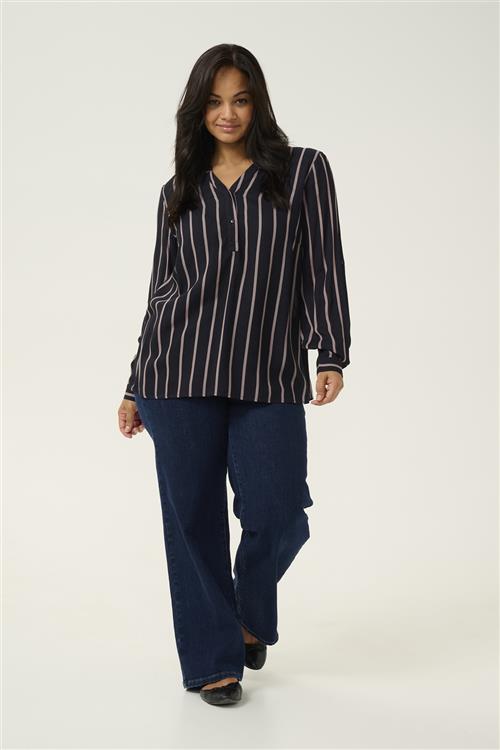 Kaffe Curve Kcsida Blouse Kvinde Black / Steeple Grey Stripe Langærmede Bluser Str 46 - hos Magasin