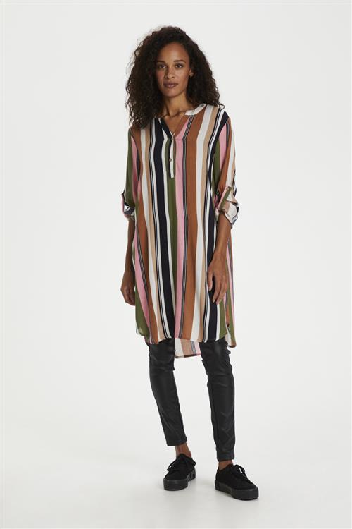 Kaffe Kamarana Shirt Dress Kvinde Green / Pink Stripe Print Midi Kjoler Str 34 - Viskose hos Magasin