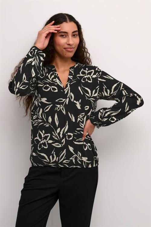 Kaffe Kaditte Blouse Kvinde Black/sand Painted Flower Langærmede Bluser Str 44 - hos Magasin