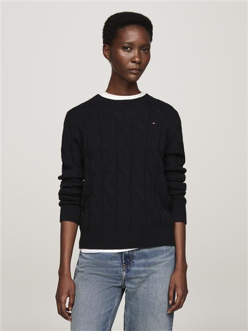 Tommy Hilfiger Soft Wool Cable CNK LS SWT Kvinde Black Langærmede Bluser Str L - hos Magasin