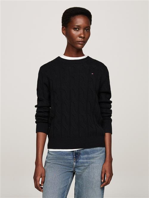 Tommy Hilfiger Soft Wool Cable CNK LS SWT Kvinde Black Langærmede Bluser Str XL - hos Magasin