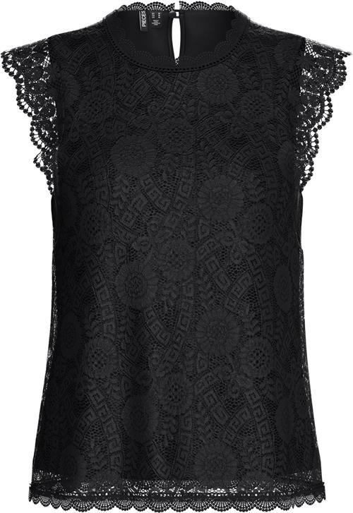 Pieces Pcolline SL Lace TOP Noos Kvinde Sort Toppe Regular Fit Str S - Polyester hos Magasin