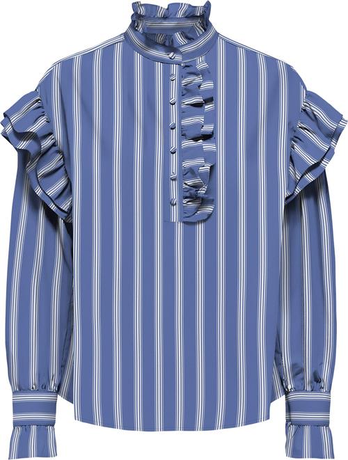 ONLY Onlmalou LS Frill Stripe TOP WVN CS Kvinde Wedgewood/white Toppe Regular Fit Str XS - hos Magasin