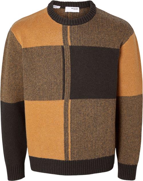 Se Selected Homme Slhmeio LS Knit Relaxed Block Crew Mand Chocolate Torte/cathay Spice Sweaters Str XL - hos Magasin ved Magasin