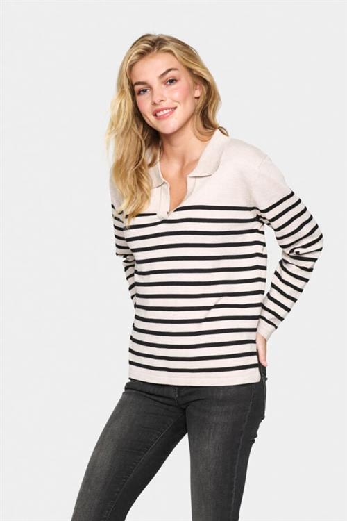 Saint Tropez Milasz Striped Polo Pullover Kvinde Gray Morn Mila Stripe Sweaters Loose Fit Str S - hos Magasin