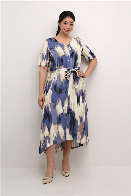 Kaffe Curve Kcbella Dress Kvinde Blue Abstract Print Midi Kjoler Str 44 - hos Magasin