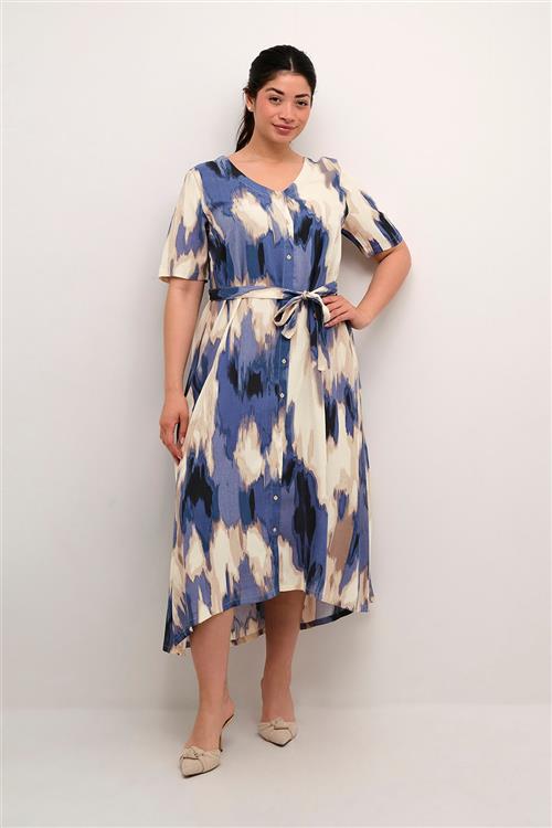 Kaffe Curve Kcbella Dress Kvinde Blue Abstract Print Midi Kjoler Str 50 - hos Magasin