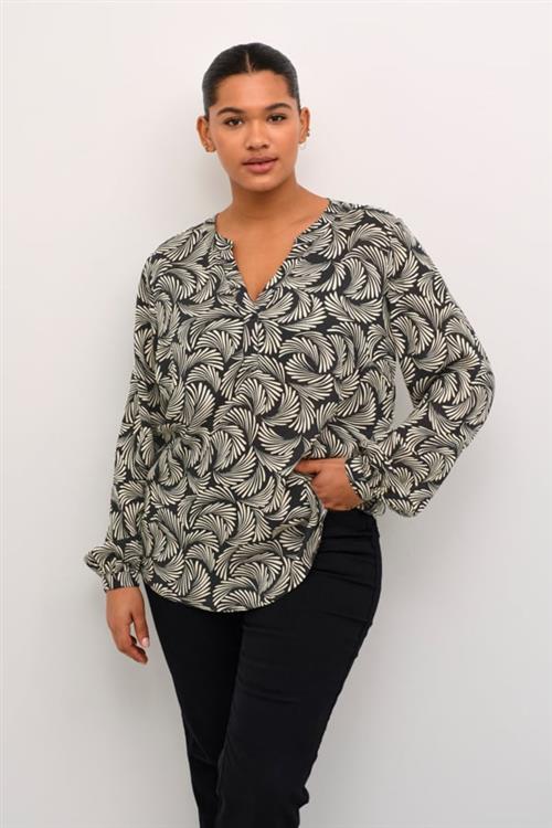 Kaffe Curve Kcmirta Tilly Blouse Kvinde Black Deep/antique White Print Langærmede Bluser Str 42 - hos Magasin