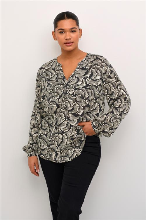 Kaffe Curve Kcmirta Tilly Blouse Kvinde Black Deep/antique White Print Langærmede Bluser Str 50 - hos Magasin