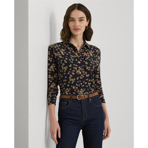 Lauren Ralph Lauren Slim Fit Floral Stretch Jersey Shirt Kvinde Navy Rullekraver Str S - Polyester hos Magasin