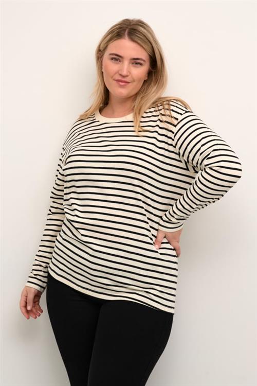 Kaffe Curve Kcwinni LS Tshirt Kvinde Antique White/black Stripe Kortærmede T-shirts Str XL - hos Magasin