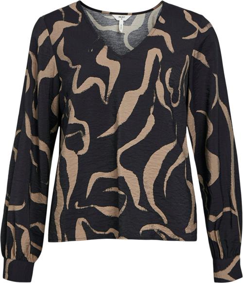 Object Objjacira L/S Vneck TOP Noos Kvinde Black/desert Taupe Abstract Flower Toppe Str 40 - hos Magasin