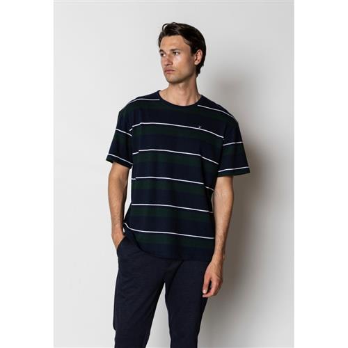 Clean Cut Copenhagen Sigurd Tshirt Mand Navy/deep Green Stripe Kortærmede T-shirts Str L - Bomuld hos Magasin