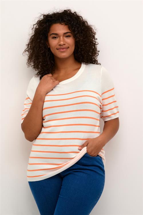 Kaffe Curve Kcmalia Narrow Stripe Pullover Kvinde Chalk / Melon Stripe Sweaters Str XL - hos Magasin